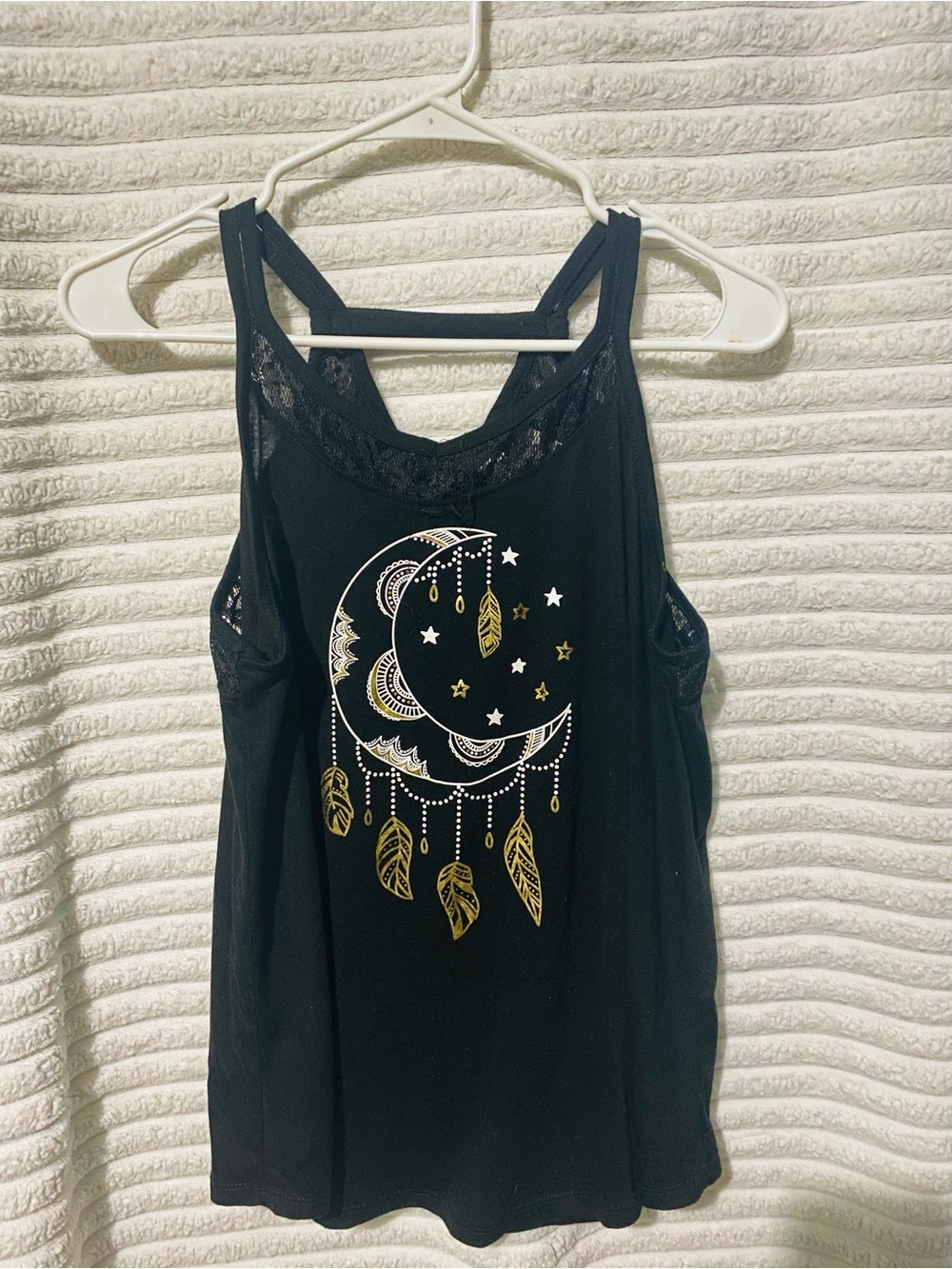 Women’s Black Moon & Feather Graphic Lace-Trim Tank Top
